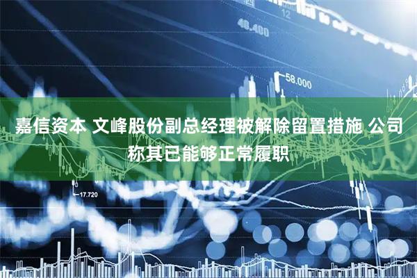 嘉信资本 文峰股份副总经理被解除留置措施 公司称其已能够正常履职